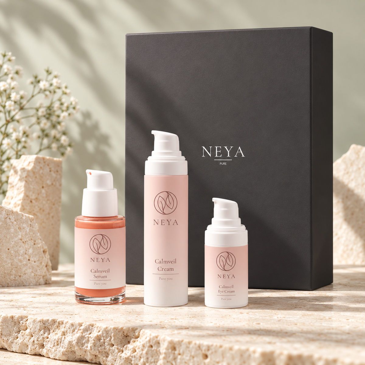Coffret Calmveil NEYA Pure et ses trois soins — mise en scène sur pierre claire