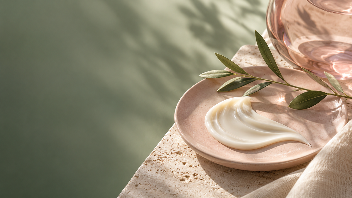 Ambiance NEYA Pure : matières naturelles, rose poudré, vert sauge et texture de soin